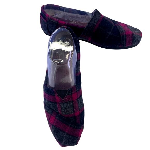 Tom’s Women Wool Blend Flats Moccasins Fuchsia Grey Plaid Flannel Slip On S 7.5 - Picture 2 of 12